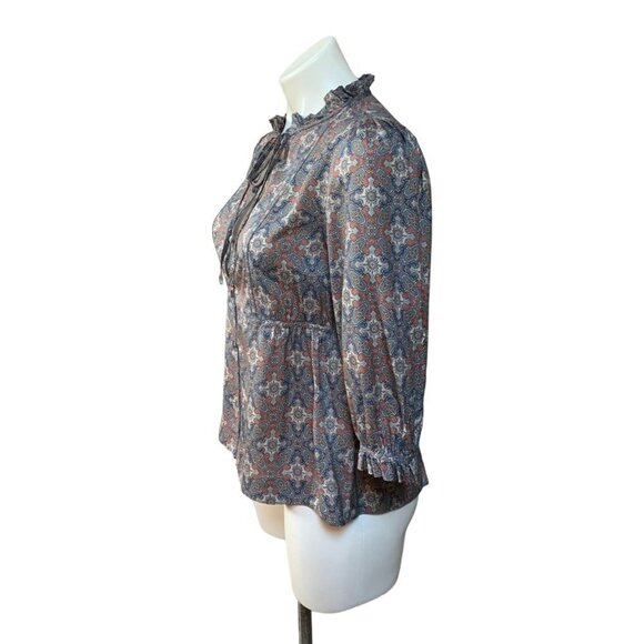 Marc Jacobs Retro 70s Silk Scarf Print Blouse Shirt Peplum Waist Size 4 Blue Red - Picture 2 of 7